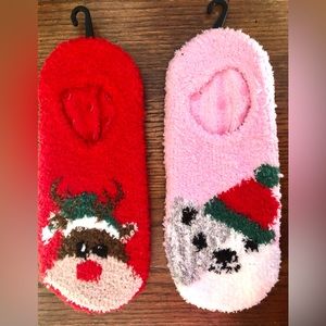 Christmas Women’s Red Reindeer Pink Cat Fuzzy Liner Short Socks Bundle Sz 4 - 10